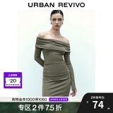 UR秋季新款女装法式气质一字肩褶皱长袖连衣裙UWM740008 灰绿 XS