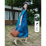 德玛纳【复古小玫瑰】夏季轻盈光泽莱赛尔方领荷叶袖腰带A字女式连衣裙