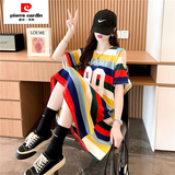 皮尔卡丹（pierre cardin）大码胖mm小心机露肩彩色条纹短袖T恤女夏季宽松中长款体恤裙200斤 红色 M (80-110斤)