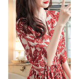 德玛纳【雨染胭脂色】夏季优雅风V字领高清印花气质小个子女式连衣裙