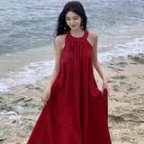 妙奕嘉中式红色连衣裙沙漠红裙子海滩海边度假风沙滩裙长裙大码2026新款 法式复古红色无袖绑带连衣裙 L 【建议100-140斤以内】