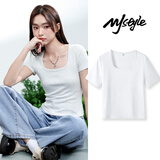 MJ STYLE方领紧身短袖T恤女2026年夏季新款简约时尚百搭内搭纯色气质上衣