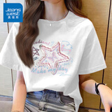 真维斯（Jeanswest）100%全棉短袖女款夏季2026新款宽松小个子韩版t恤女装落肩半袖衫 白色 星星与蝴蝶 M