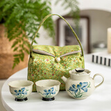 祥业song杯子汝窑茶壶陶瓷功夫茶具石瓢壶汝瓷套装大号过滤家用小单壶 手绘蓝莲花葵口壶二杯3件+便携包