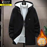 啄木鸟风衣男士装外套中长款秋冬季休闲百搭连帽工装大衣宽松大码上衣服 黑色加绒 3XL