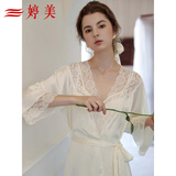 婷美七夕礼物带胸垫吊带+睡袍睡衣女冰丝性感晨袍春秋蕾丝睡裙两件套