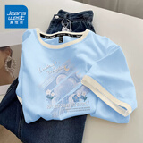 真维斯（JEANSWEST）短袖t恤女夏季新款纯棉女装上衣服撞色宽松ins风小个子女生半袖衫 天蓝 柔软的梦境白 L