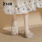 ZHR则则平底凉拖鞋女气质水钻两穿单凉鞋女仙女风一字带女鞋 EH169银色35