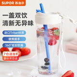 苏泊尔（SUPOR）水杯大容量运动吸管杯男女款学生Tritan水杯夏季户外塑料杯子 月光白+便携提手650ml