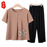 奉孝中老年妈妈装夏季短袖套装宽松老年人夏装女老人衣服奶奶棉绸上衣