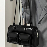 梵昇昱单肩包女包轻奢复古学院风大容量方包大学生百搭腋下包单肩手提包 单肩手提腋下波士顿包【黑色】