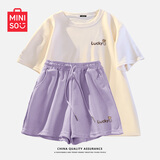 名创优品（MINISO）运动套装女夏季2026年新款纯棉短袖小个子休闲夏装搭配一整套女装 奶白+紫色(幸运爱心) M 160(不褪色不变形)