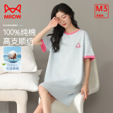 猫人（MiiOW）睡衣女士家居睡裙100%纯棉圆领舒适透气简约女士春短袖长裙可外穿 摩登小猫 XL 推荐（120-140斤）