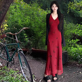 微光里法式红色吊带连衣裙女夏季收腰性感辣妹气质背心V领包臀港风长裙 御姐印花连衣裙【红色 L】