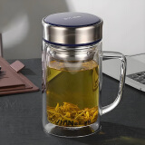 富光 大容量双层玻璃杯 带手柄商务男士办公杯 带盖茶杯 蓝色 570ml