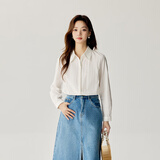 茵曼复古开衫女装翻领衬衫秋冬季薄长袖衬衣上衣 月牙白 M