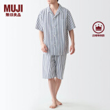 无印良品（MUJI）男式 无侧缝泡泡纱短袖睡衣男士家居服套装男款夏季纯棉全棉 深藏青色条纹 S