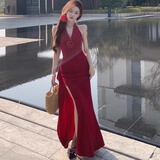 微光里挂脖连衣裙女夏季修身礼服长裙纯欲收腰开叉包臀裙子性感V领裙子 挂脖包臀长裙【红色L】 110-120斤