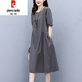 皮尔卡丹（pierre cardin）棉麻连衣裙女2025年夏季新款高端宽松遮肚子洋气显瘦薄款亚麻裙子 灰色 XL (建议115-125斤 高品质)
