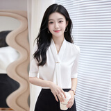 特洛曼雪纺白色衬衫女短袖夏季飘带职业气质休闲通勤面试正装女士衬衣