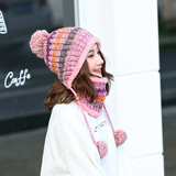 冰依茹 毛线帽子女冬天韩版潮护耳帽围脖纯色贝雷帽保暖加厚针织套头帽双层包头帽 粉色