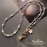 欣珠斜挎珍珠水晶手机挂链长款ins女士小清新夏日户外旅游登山手机壳背链子包包挂链可肩背带手机挂绳 年华花朵珍珠间水晶+zg旋转头透明夹片+金色爱心扣