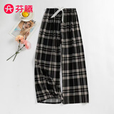 芬腾棉绸睡裤女士夏季薄款大码人棉沙滩外穿家居服宽松裤子遛弯裤 百搭黑格 含莱赛尔不易缩水 均码 【建议85-160斤】