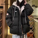 缀樱三防羽绒棉服女2024新款冬季韩系宽松连帽假两件学生加厚保暖外套 黑色 L 推荐125-150斤