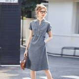 白鹿语夏季V领简约A字牛仔裙可调节袖口时尚连衣裙 蓝色  L 