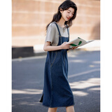 德玛纳【假两件玩转层次感】夏季圆领纯棉短袖针织拼接牛仔女式连衣裙