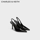 CHARLES&KEITH豹纹尖头气质包头凉鞋高跟鞋生日礼物送女友CK1-60280451 BLACK PATENT黑色 38 （245）