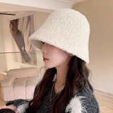 目丸帽子女秋冬季渔夫帽素颜百搭针织毛线帽显脸小水桶帽保暖毛绒盆帽 白色 均码