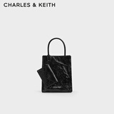 CHARLES&KEITH纯色褶皱磁吸手提斜挎托特包包女包生日礼物CK2-30782347 Jet Black黑色 S