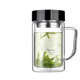 富光双层玻璃杯商务泡茶杯子 大容量男女耐热办公水杯带把黑色320ml