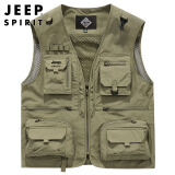JEEP SPIRIT吉普工装马甲男士春夏季钓鱼背心机能多口袋外套男装 卡其 XL