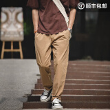 马登工装 复古直筒休闲裤纯色简约锥型长裤松紧腰老爹裤子男 卡其色 S