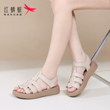 红蜻蜓皮凉鞋女软底百搭舒适凉鞋女平底软皮沙滩鞋子女WTK252381米白37