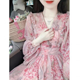 纳琳雅2026夏季新款连衣裙法式v领碎花雪纺连衣裙夏季仙女气质薄纱长裙 粉红色 L 建议【100-120斤】