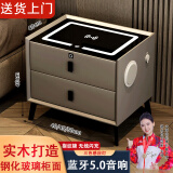 大海边智能床头柜实木多功能无线充电指纹锁卧室轻奢现代简约床边储物柜 浅灰色：无线充+USB+三色灯 【新升级】全身实木款40*40*46cm