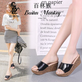 百林猴拖鞋女外穿夏夏季软皮时尚一字拖厚底高跟坡跟女士大码防滑凉拖鞋 黑色 37