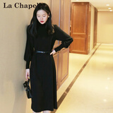 拉夏贝尔（La Chapelle）长袖针织连衣裙女装新款2025秋冬小个子气质中长款打底裙子秋冬 黑色 L