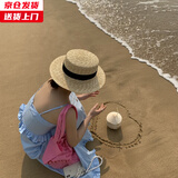 槿城平顶草帽女夏海边出游拍照防晒遮阳帽草编太阳帽沙滩帽子CM01 平顶【黑色丝带】 均码【56-58cm】