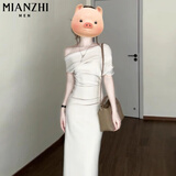 棉致法式露肩收腰褶皱短袖连衣裙女夏季2025新款高级感气质修身长裙 753灰杏色【高品质27.5】 L 110-120斤