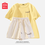 名创优品（MINISO）运动套装女夏季2025年新款纯棉短袖小个子休闲夏装搭配一整套女装 鹅黄+奶白(幸运爱心) M 160(不褪色不变形)