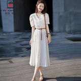 AEMAPE连衣裙夏2025新款时尚优雅中长款百搭气质休闲白色蕾丝短袖裙子女 白色 M 建议100-110斤