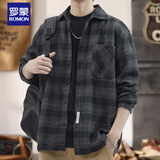 罗蒙（ROMON）衬衣男感痞帅休闲格子外套男款春秋季宽松男士衬衫男茄克百搭上衣 灰色 L 建议体重120-140