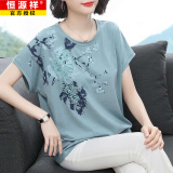 恒源祥夏季棉女装中老年短袖T恤女夏装宽松上衣大码中年妈妈半袖t桖夏 豆绿 L 【100-120斤】