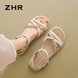 ZHR凉鞋女夏季外穿配裙子休闲女鞋仙女一字带粗低跟平底鞋CE56米色37