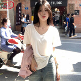 浪莎白色短袖t恤女夏季2026新款宽松薄款大V领休闲百搭显瘦慵懒风上衣