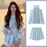 微光里连衣裙女装2025夏季新款韩版宽松温柔少女感小清新甜美减龄套装 蓝色套装M码【建议95-115斤】